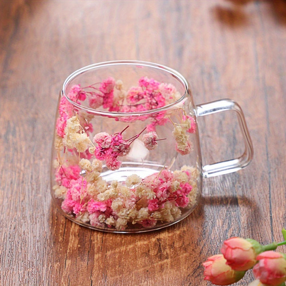 200ML Double Wall Insulated Glass Mug with Floral Pattern Handle Hot Cold Beverages