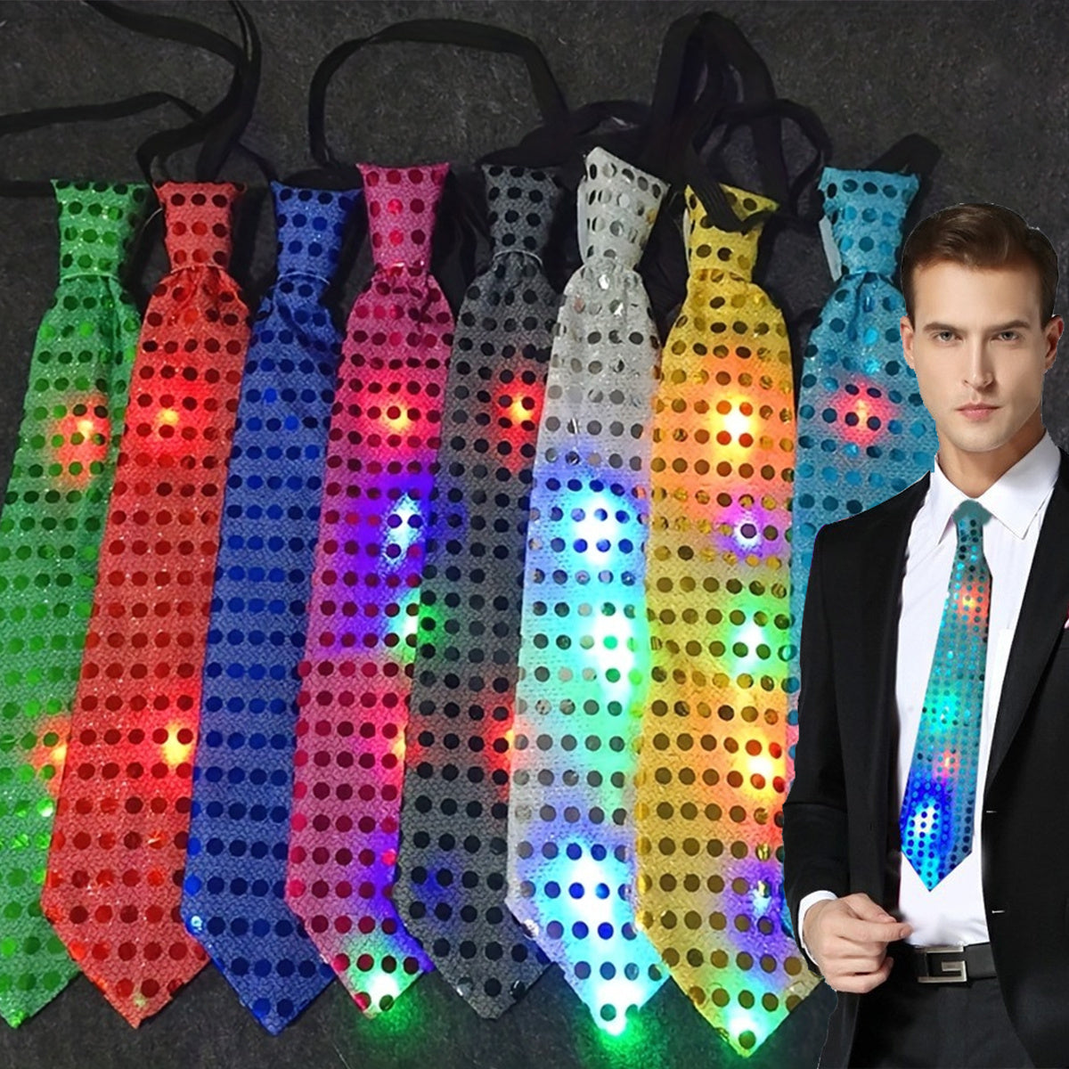 LED Flash Necktie for Men with Button Batteries for Party and Festive Events