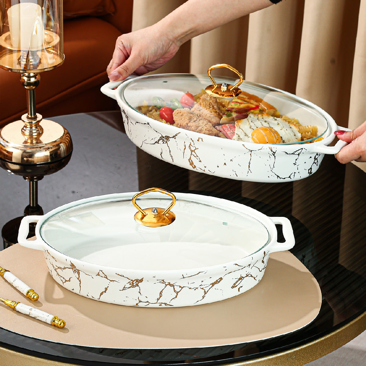 White Oval Ceramic Soup Pot with Lid, Double Handles, Nordic Pattern in Small Medium Large