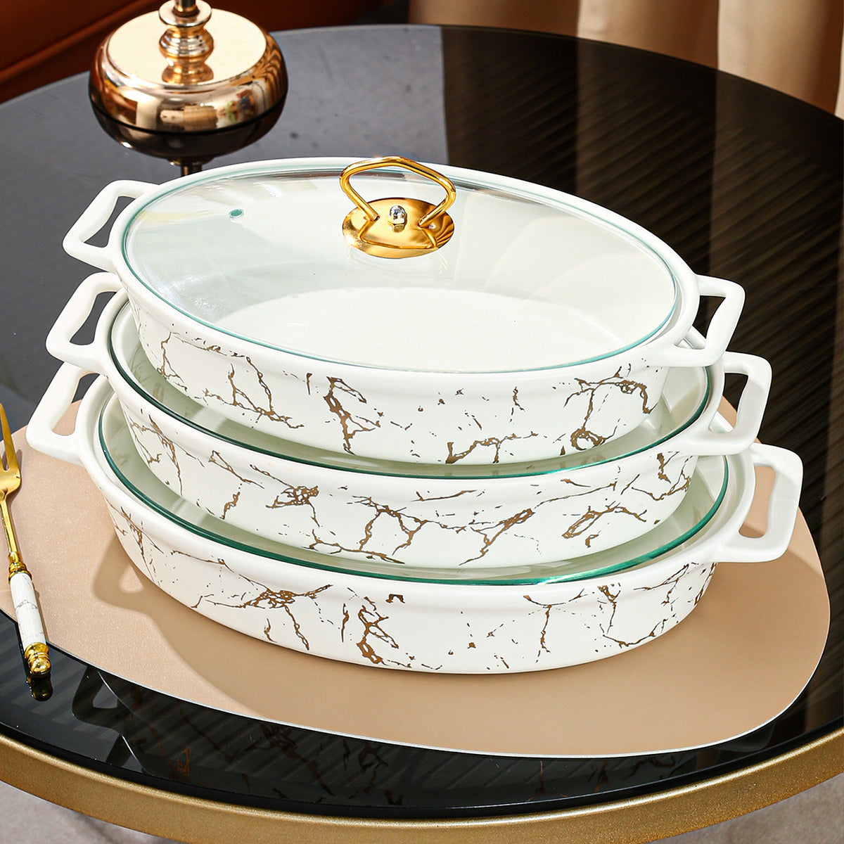 White Oval Ceramic Soup Pot with Lid, Double Handles, Nordic Pattern in Small Medium Large