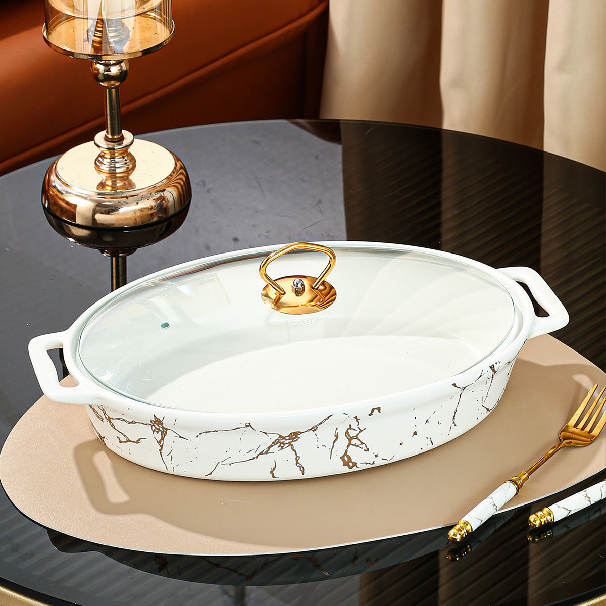 White Oval Ceramic Soup Pot with Lid, Double Handles, Nordic Pattern in Small Medium Large