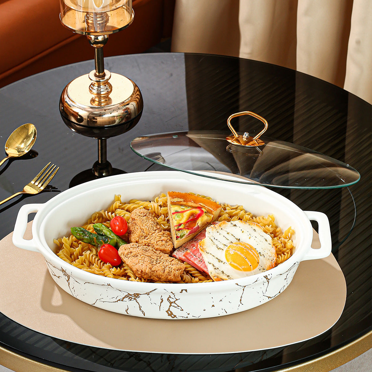 White Oval Ceramic Soup Pot with Lid, Double Handles, Nordic Pattern in Small Medium Large