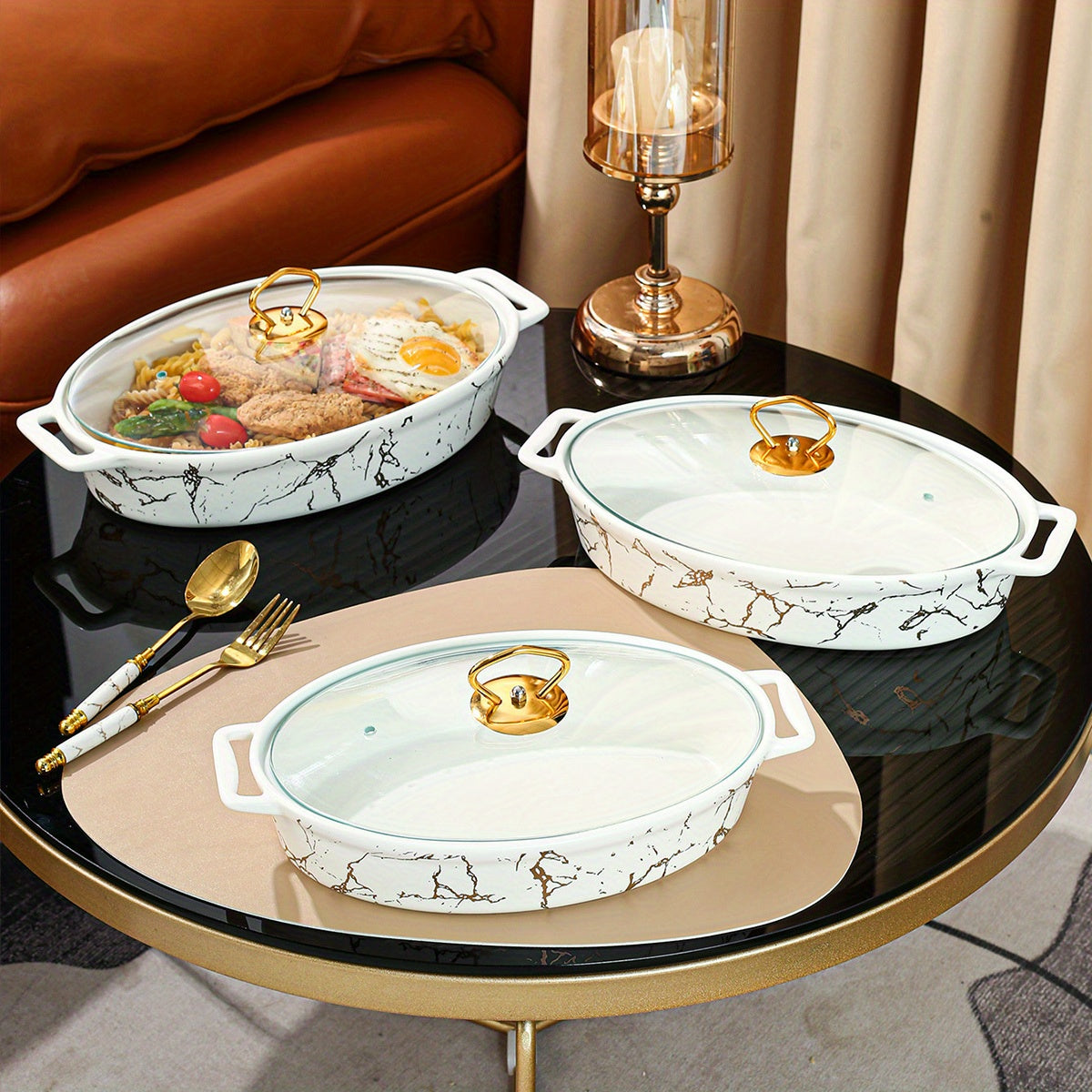 White Oval Ceramic Soup Pot with Lid, Double Handles, Nordic Pattern in Small Medium Large