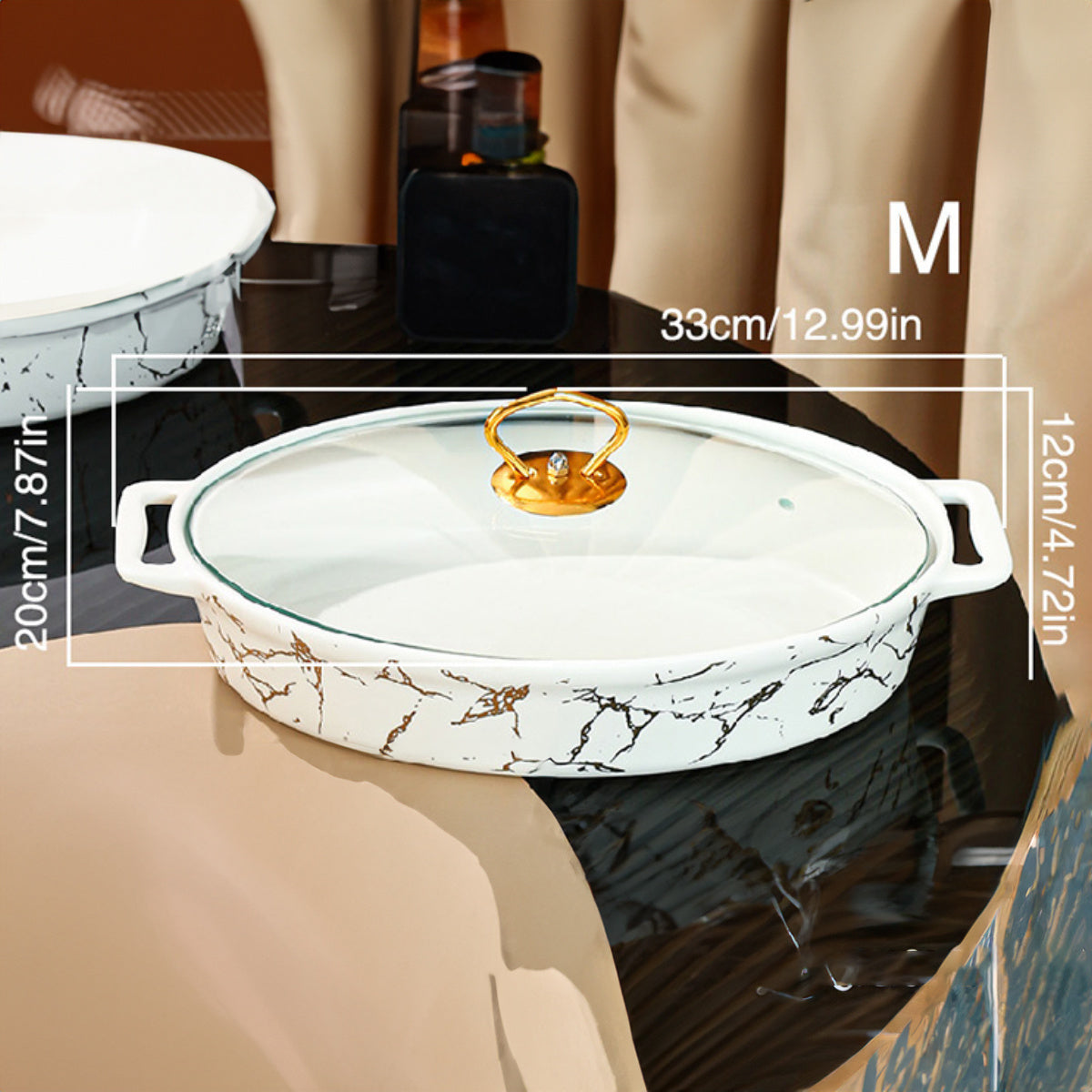 White Oval Ceramic Soup Pot with Lid, Double Handles, Nordic Pattern in Small Medium Large