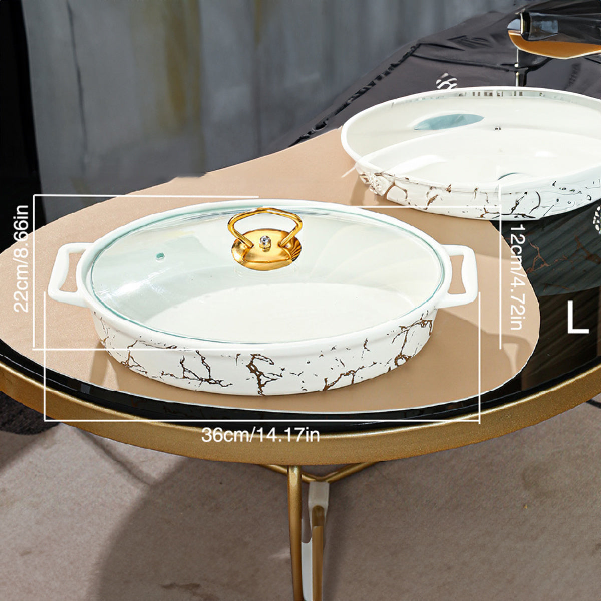 White Oval Ceramic Soup Pot with Lid, Double Handles, Nordic Pattern in Small Medium Large