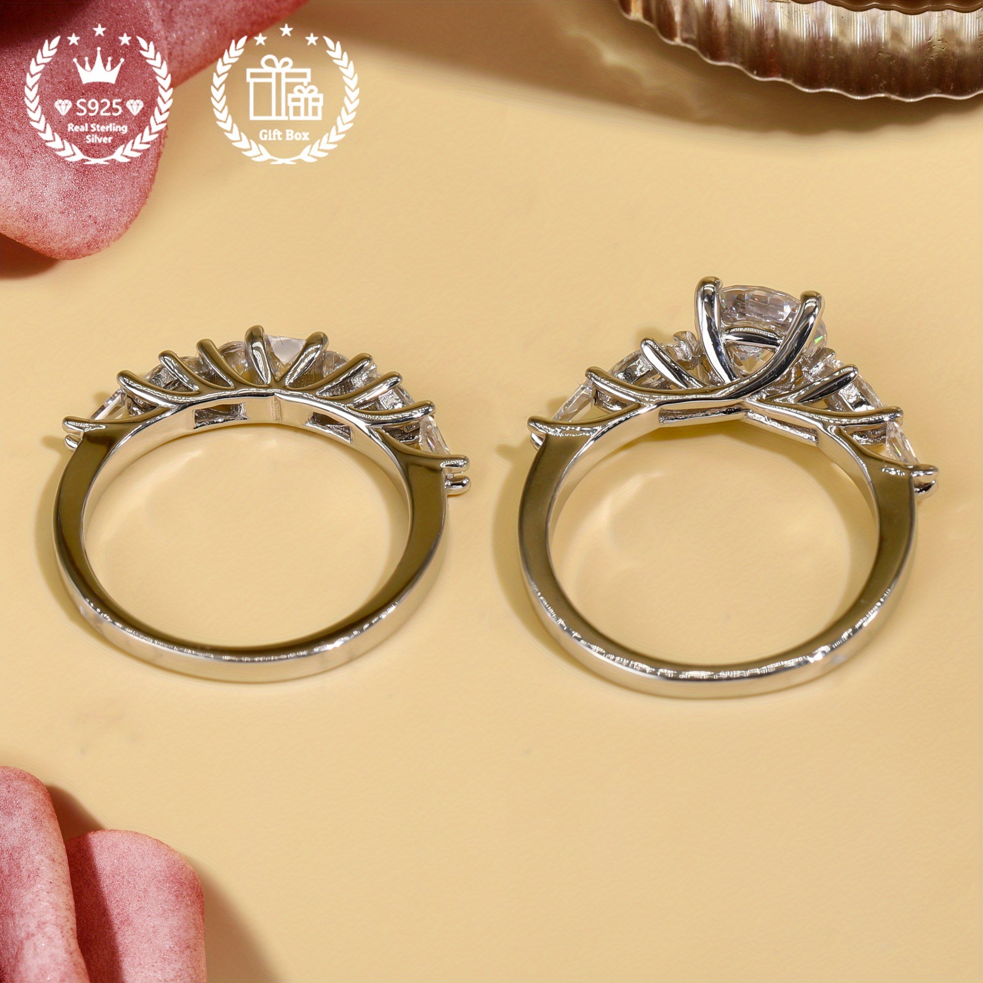 Sterling Silver Wedding Rings Set for Women with Cubic Zirconia 2-Piece