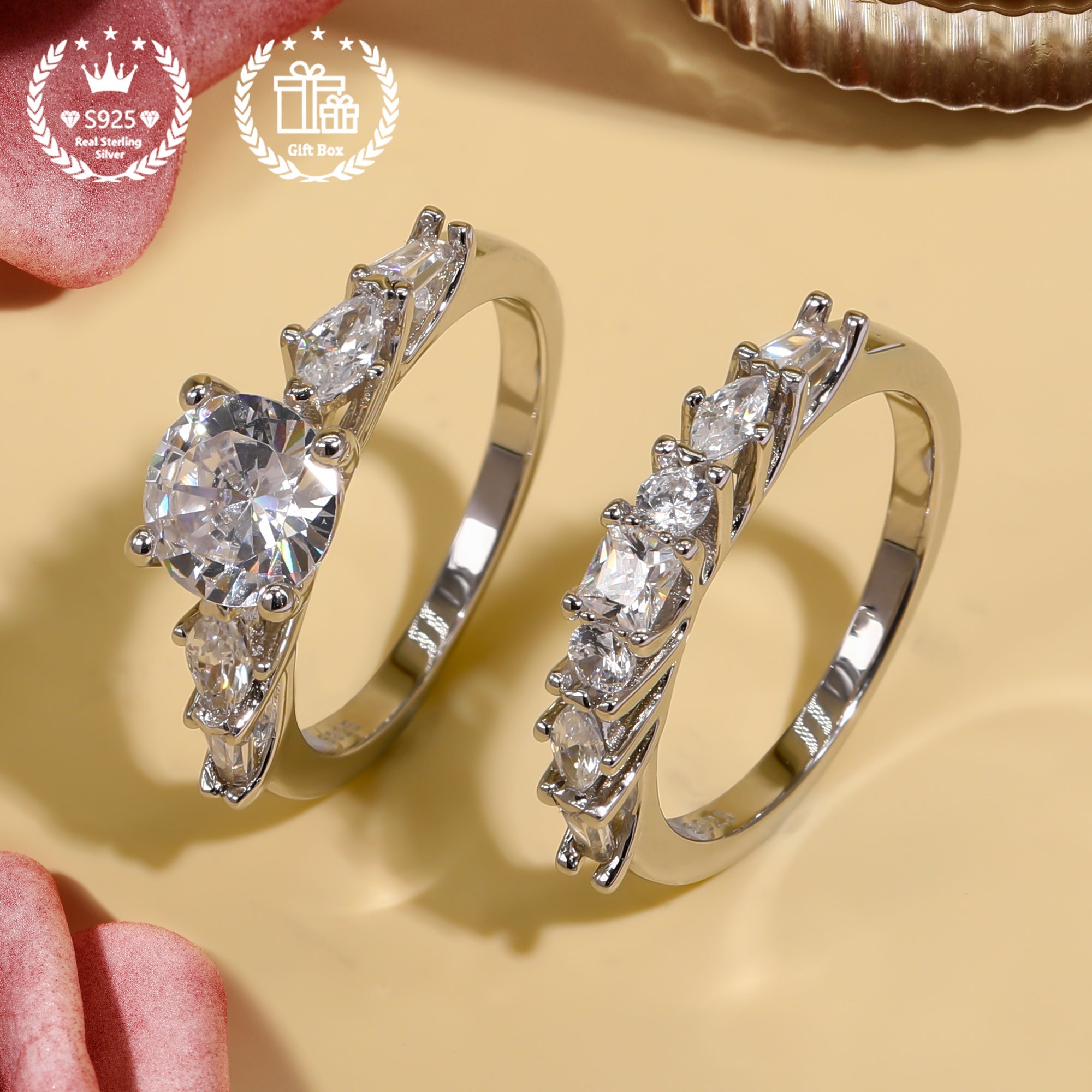 Sterling Silver Wedding Rings Set for Women with Cubic Zirconia 2-Piece