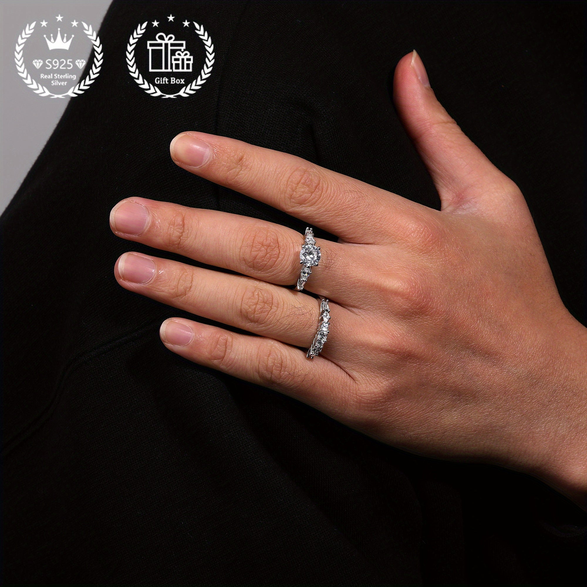 Sterling Silver Wedding Rings Set for Women with Cubic Zirconia 2-Piece