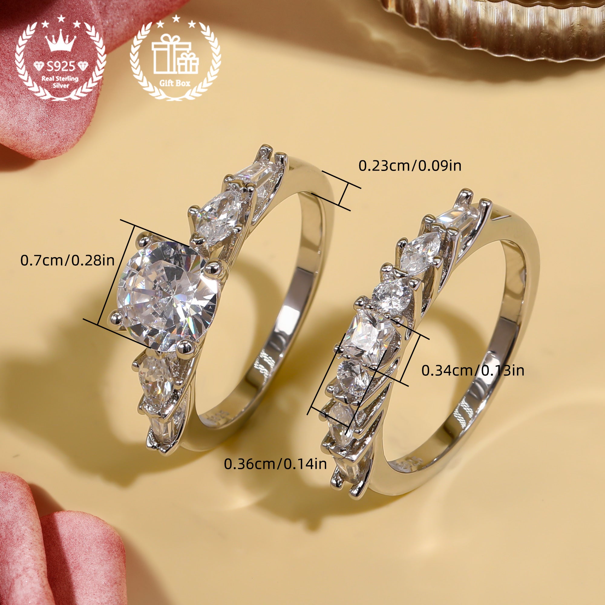 Sterling Silver Wedding Rings Set for Women with Cubic Zirconia 2-Piece