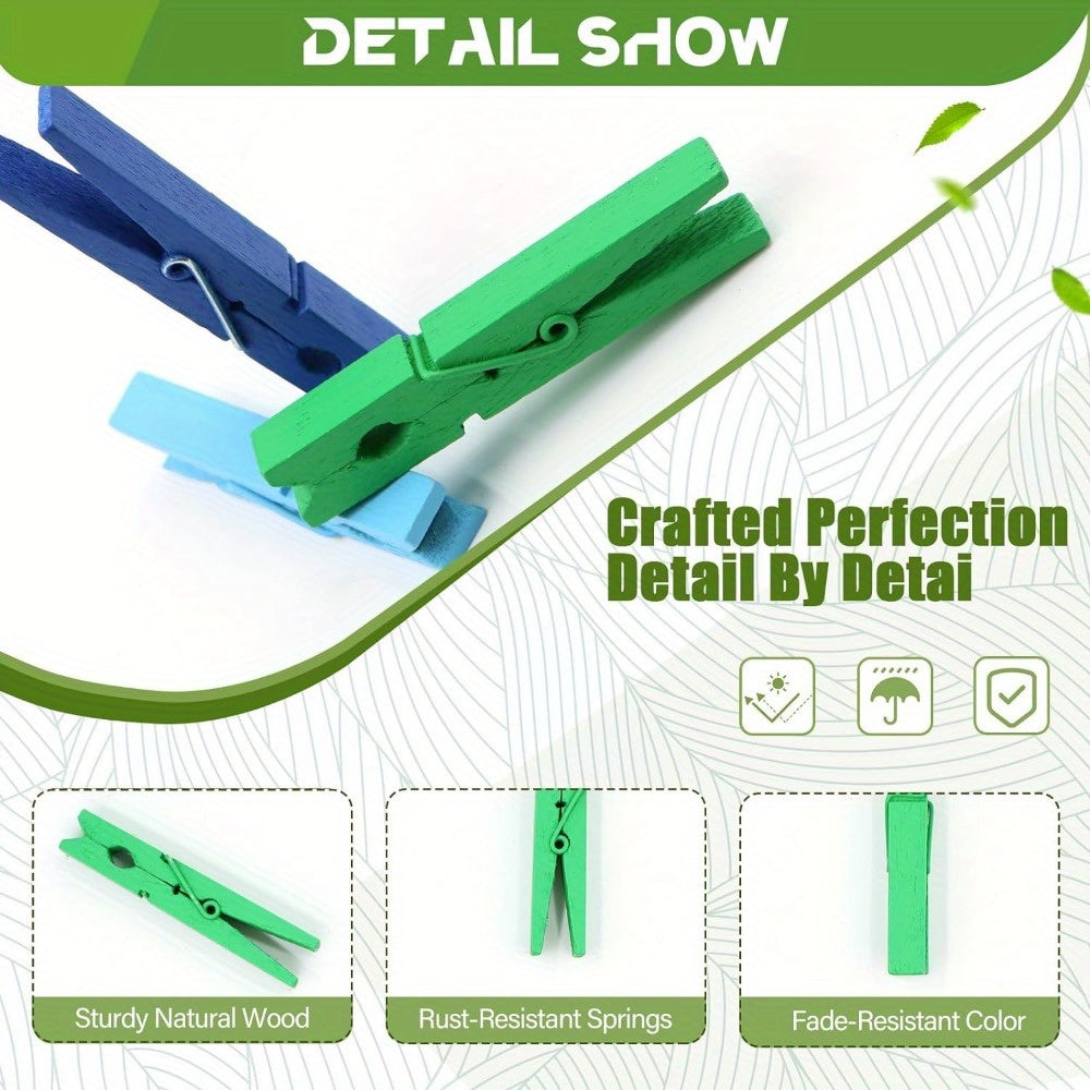 Pinzas de ropa de madera en colores vibrantes, clips versátiles para manualidades, lavandería y exhibición de fotos