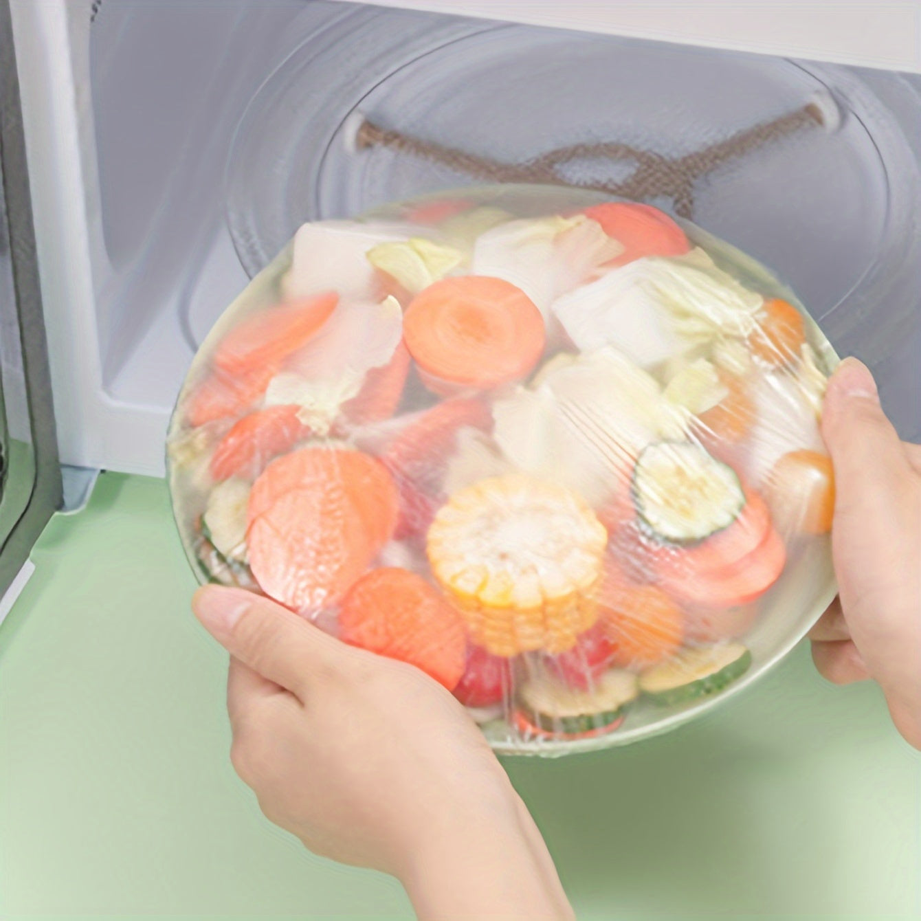Juego de 100 cubiertas de plástico transparente para alimentos, envoltorios elásticos para sobras, frutas y verduras