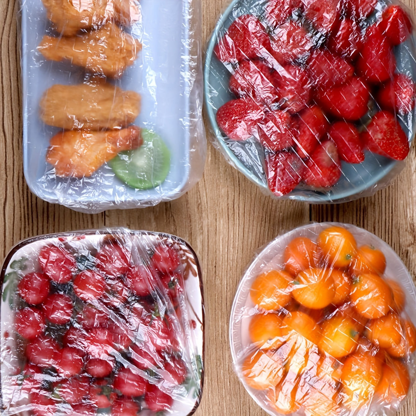 Juego de 100 cubiertas de plástico transparente para alimentos, envoltorios elásticos para sobras, frutas y verduras