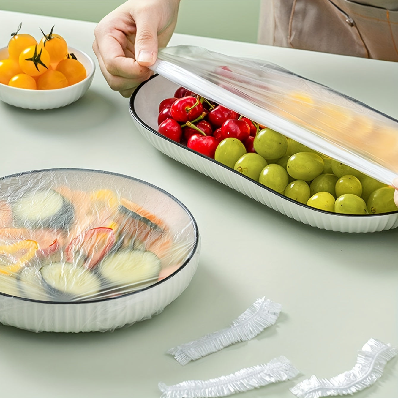 Juego de 100 cubiertas de plástico transparente para alimentos, envoltorios elásticos para sobras, frutas y verduras