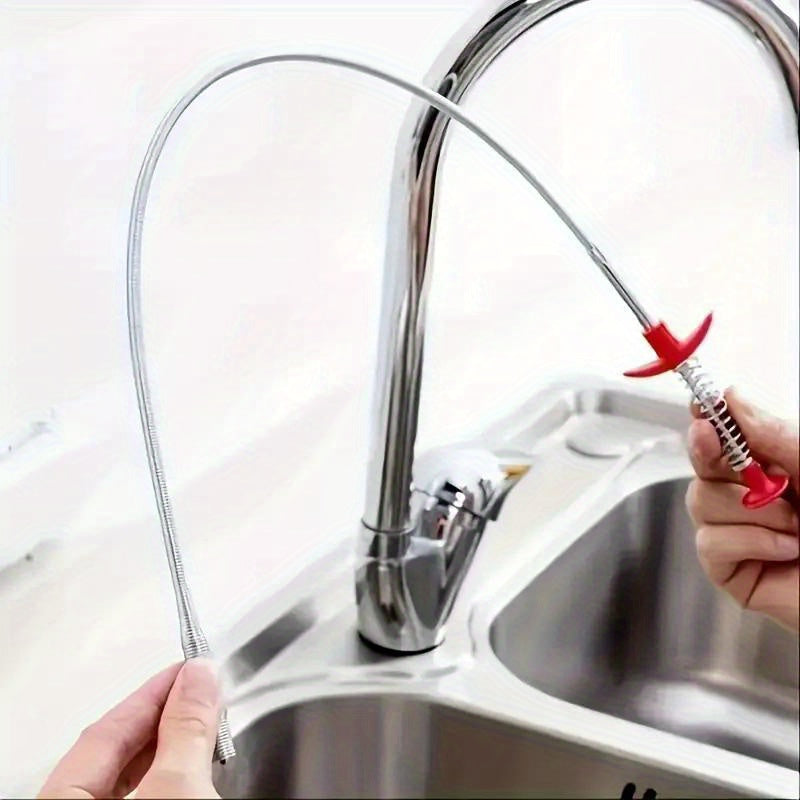 Herramienta flexible para eliminar obstrucciones en desagües de metal con mango rojo para lavabo y inodoro
