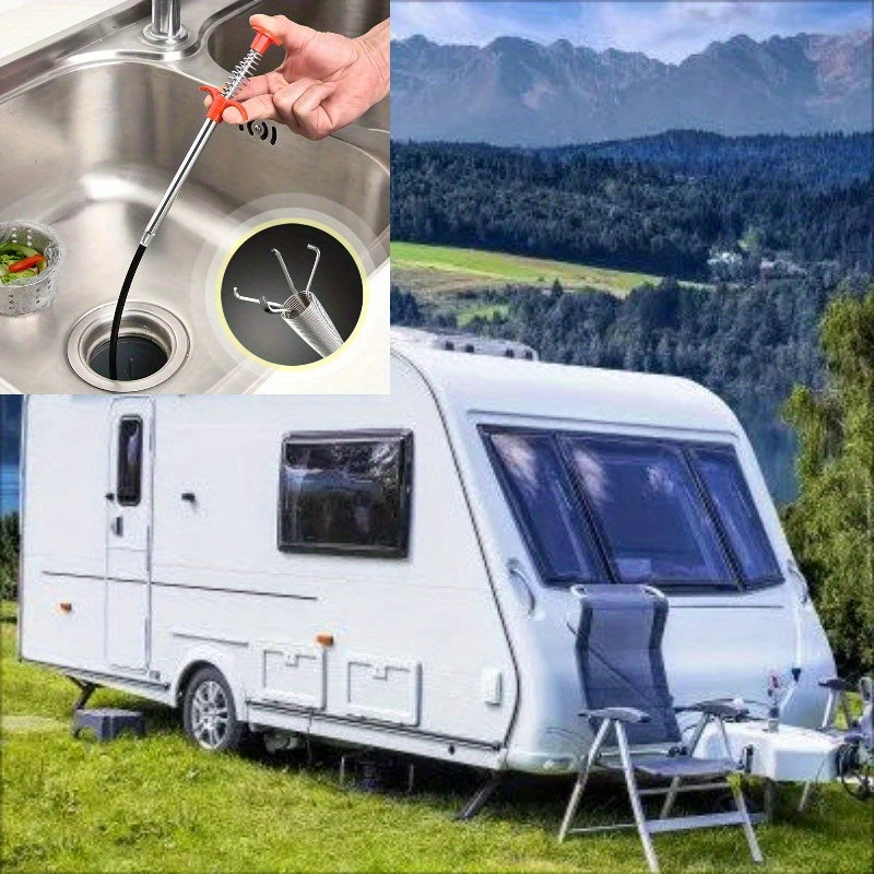 Flexible Metal Drain Clog Remover Tool with Red Handle for Sink and Toilet