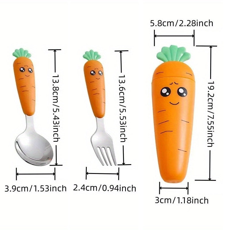 Juego de tenedor y cuchara en forma de zanahoria de acero inoxidable para cubiertos portátiles