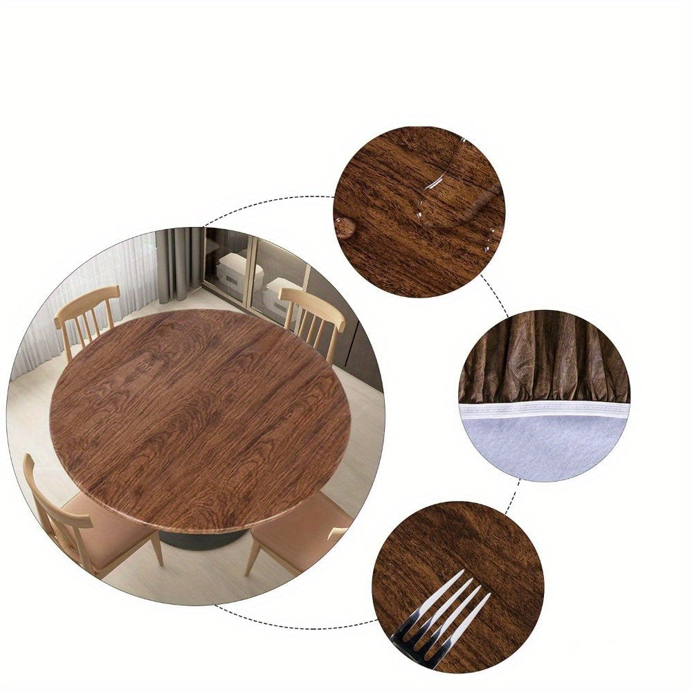 Vinyl Round Tablecloth with Wood Grain Design Elastic Edges Indoor Outdoor Picnic BBQ Garden