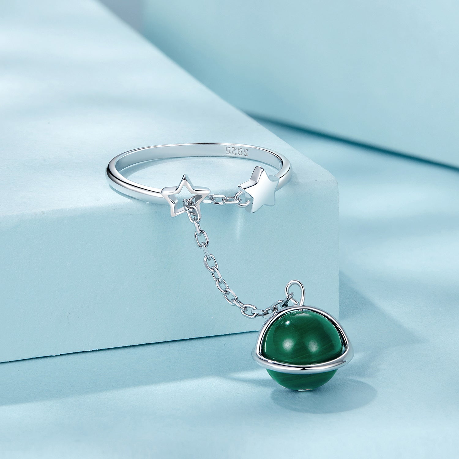 Sterling Silver Open Ring for Women with Malachite Adjustable Jewelry