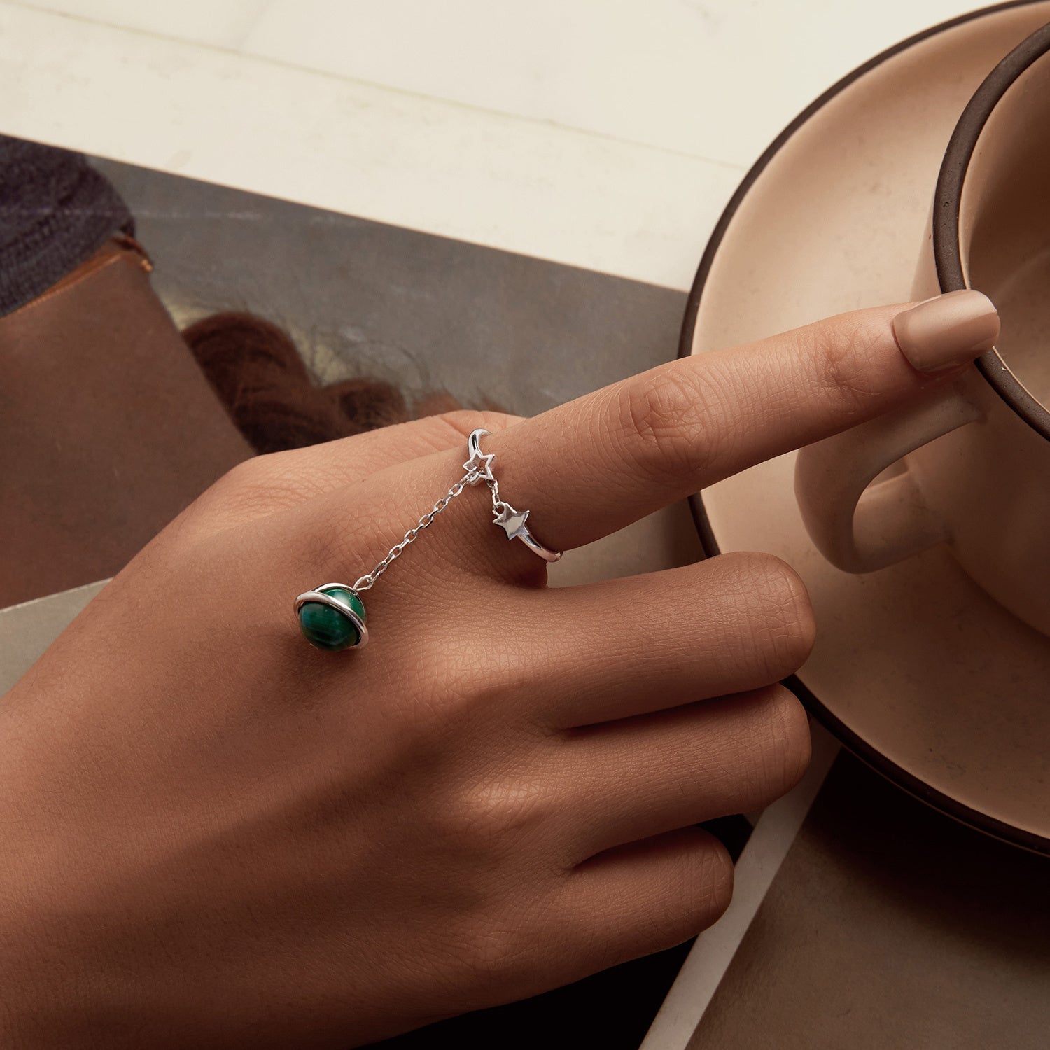 Sterling Silver Open Ring for Women with Malachite Adjustable Jewelry