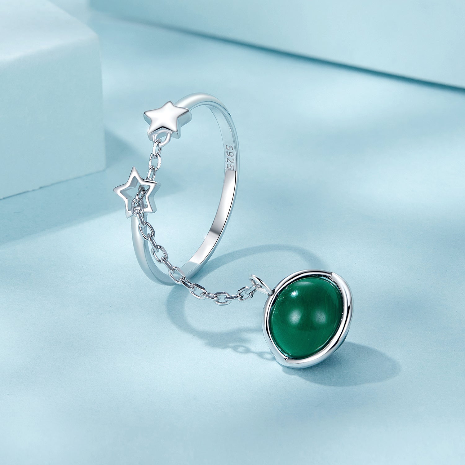 Sterling Silver Open Ring for Women with Malachite Adjustable Jewelry