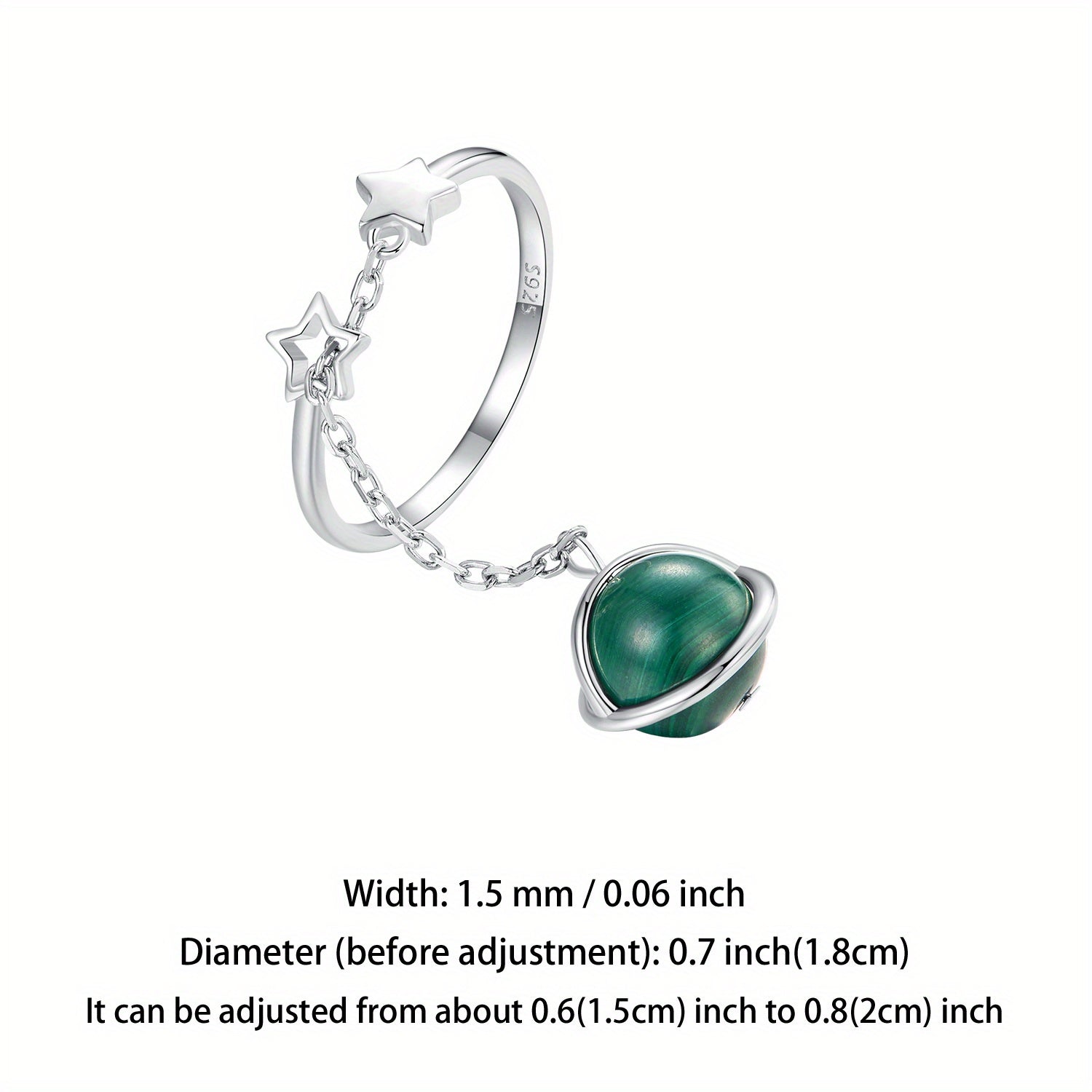 Sterling Silver Open Ring for Women with Malachite Adjustable Jewelry