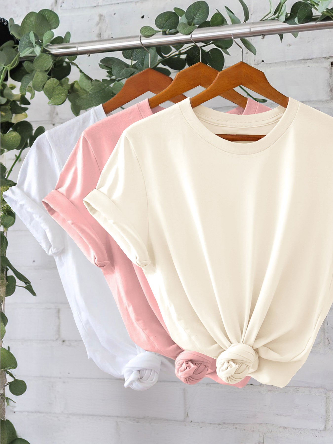 Set of 3 Women's Cotton Solid Color Crew Neck T-Shirts with Short Sleeves and Knot Detail