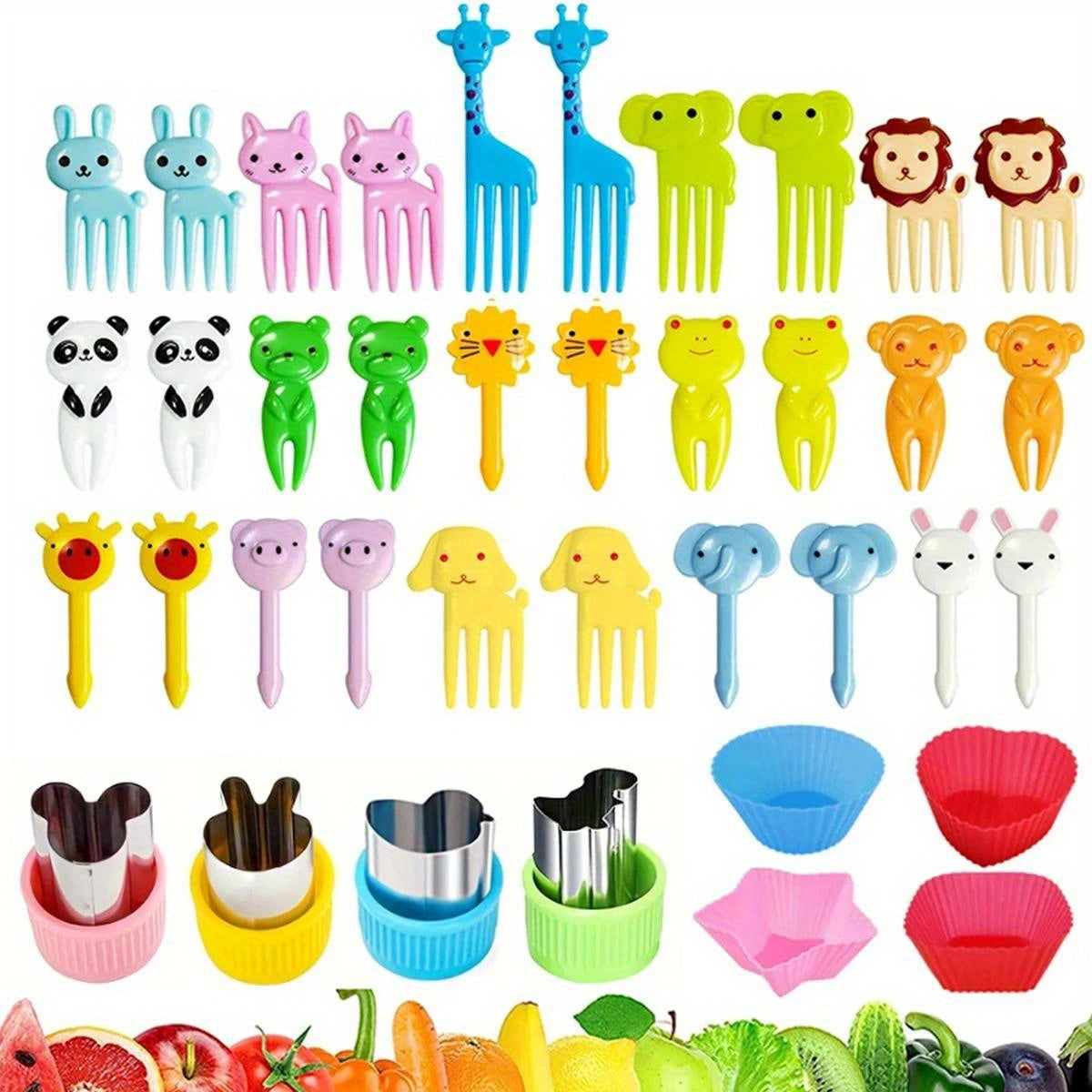 Set of 38 Animal Mini Food Picks with Cutting Tool and Silicone Lunch Box Divider for Snacks and Fruits