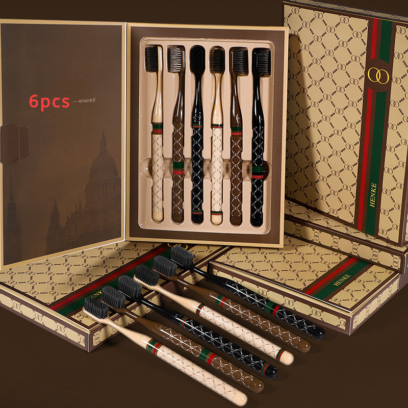 6-Piece Bamboo Charcoal Toothbrush Set Soft Bristles Travel Tooth Cleaner