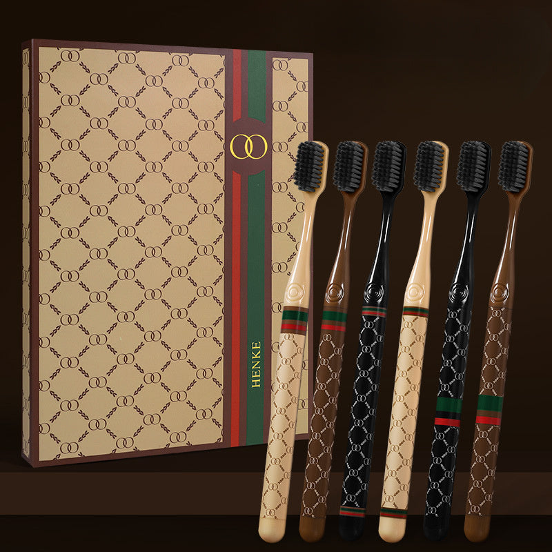 6-Piece Bamboo Charcoal Toothbrush Set Soft Bristles Travel Tooth Cleaner