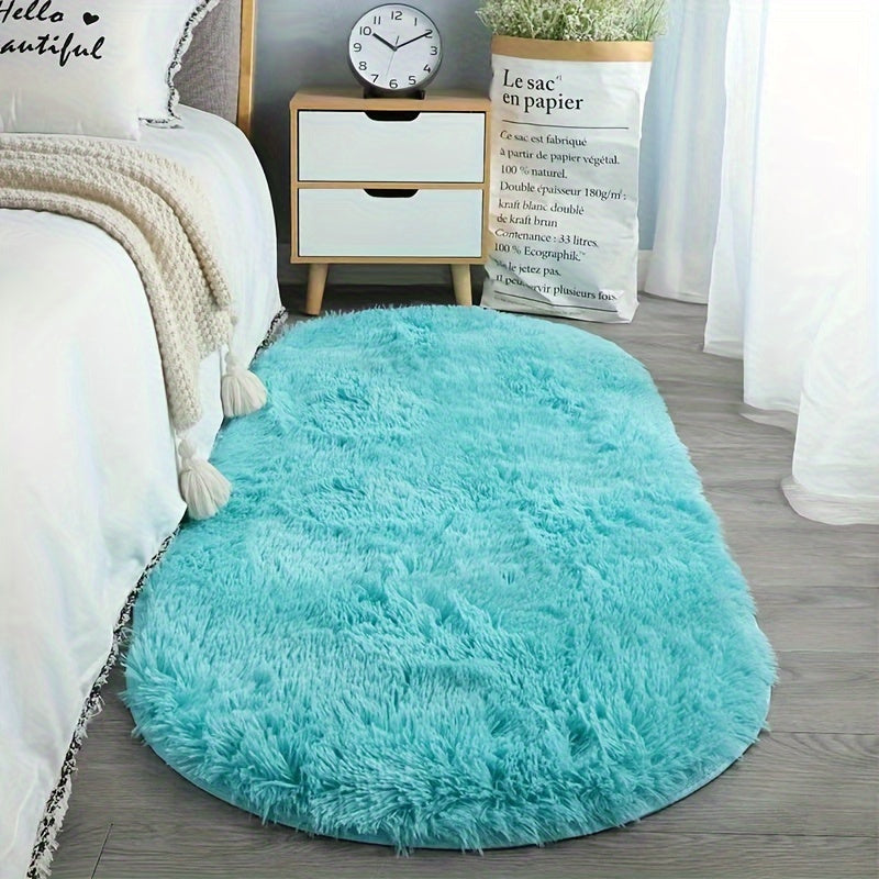 Oval Faux Fur Area Rug Soft Polyester Non-Slip Carpet for Bedroom and Indoor Spaces