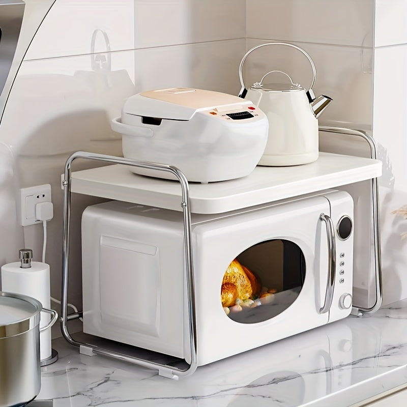 Один прочный двухъярусный стальной стальной микроволновый шкаф с 3 крючками, квадратный органайзер для кухонного стола; не требуется зарядка или батареи.
