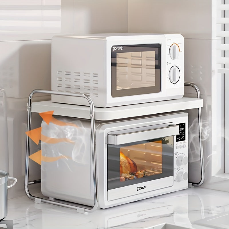 Heavy Duty Stainless Steel Microwave Oven Rack with 2 Tiers and Hooks for Kitchen Countertop Storage