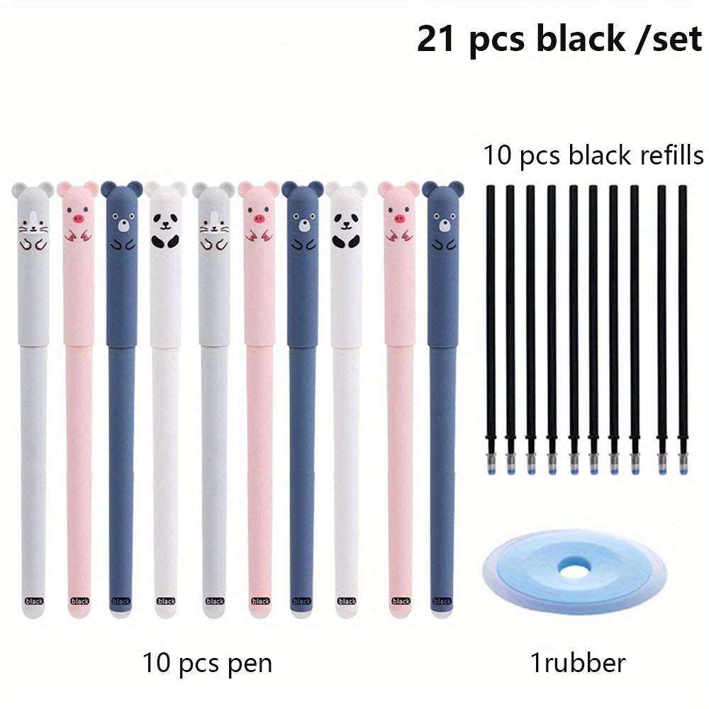 21-Piece Erasable Bear Gel Pen Set with 0.35mm Black and Blue Refills for Office and School