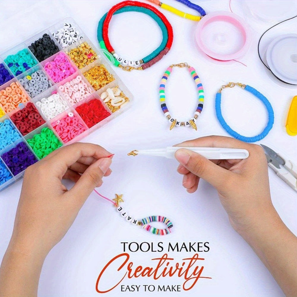 Girls Clay Bead Bracelet Kit with Spacer Flat Beads Black Stone Charms and Bungee Cord