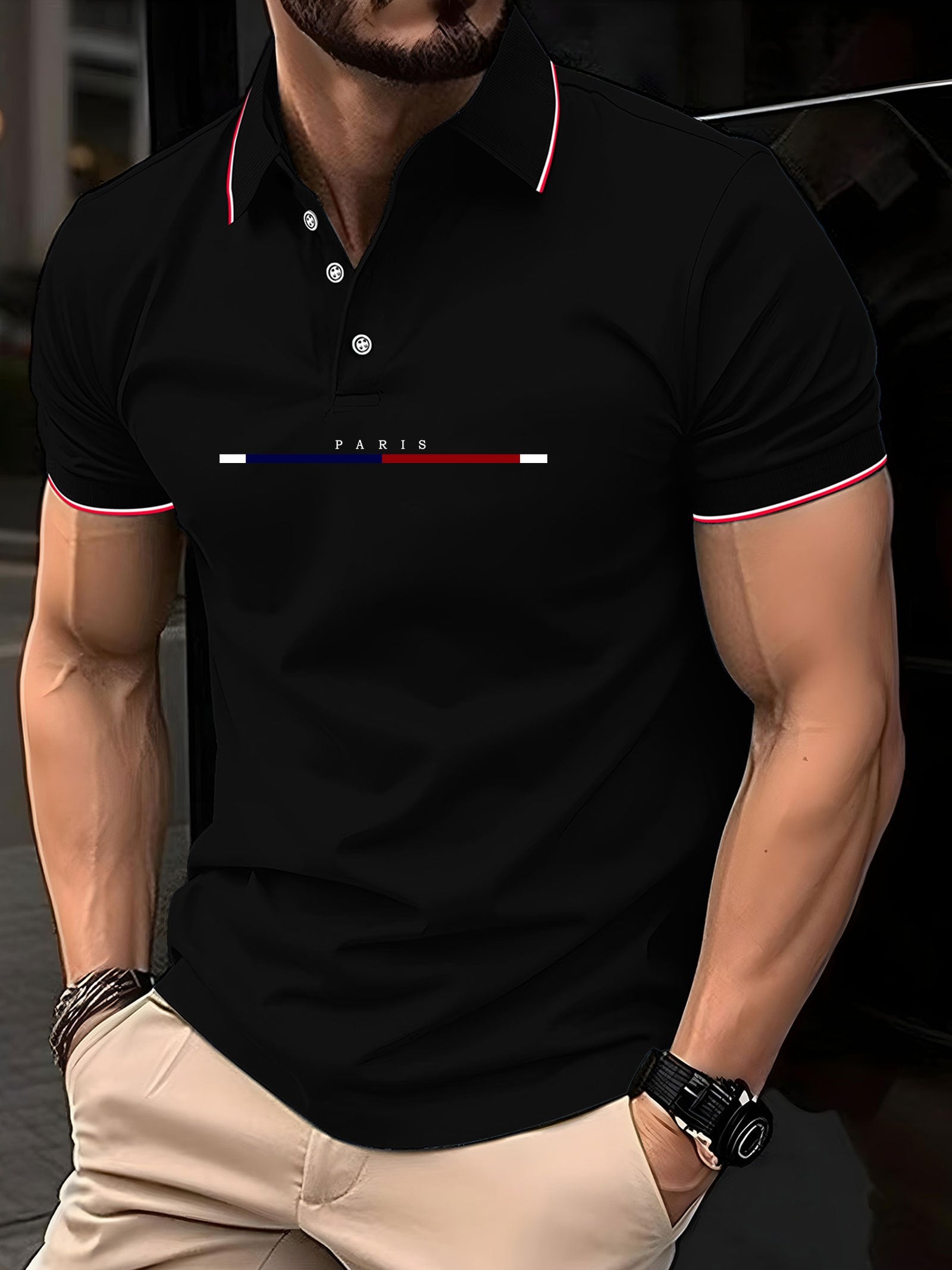Camiseta de golf de manga corta para hombre con cuello y estampado de letras de París, verano, transpirable, poliéster
