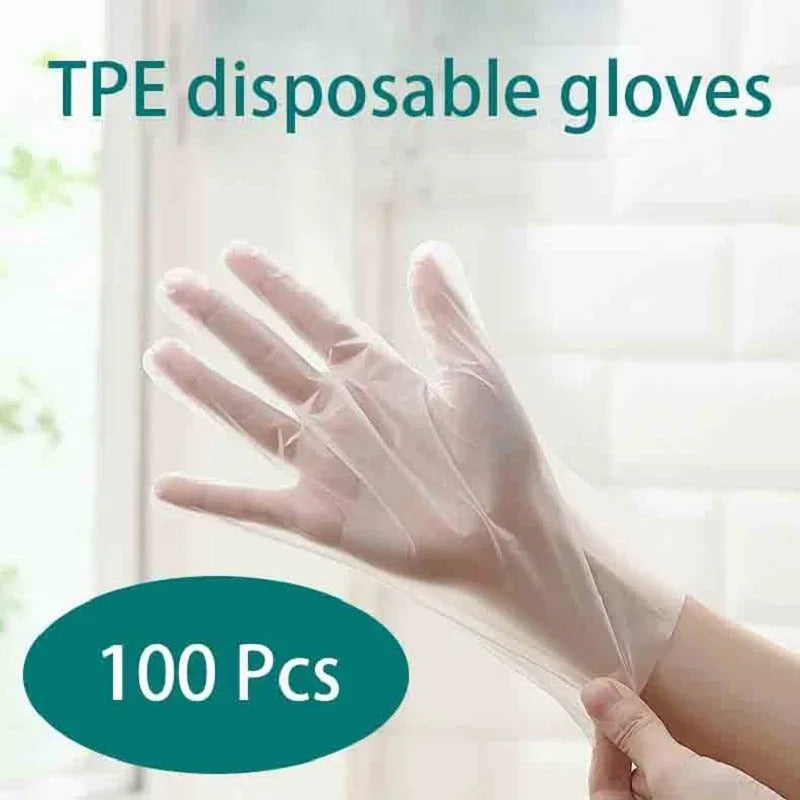 100 Pcs Food Grade TPE Disposable Gloves Clear Oil-Resistant Kitchen Cleaning