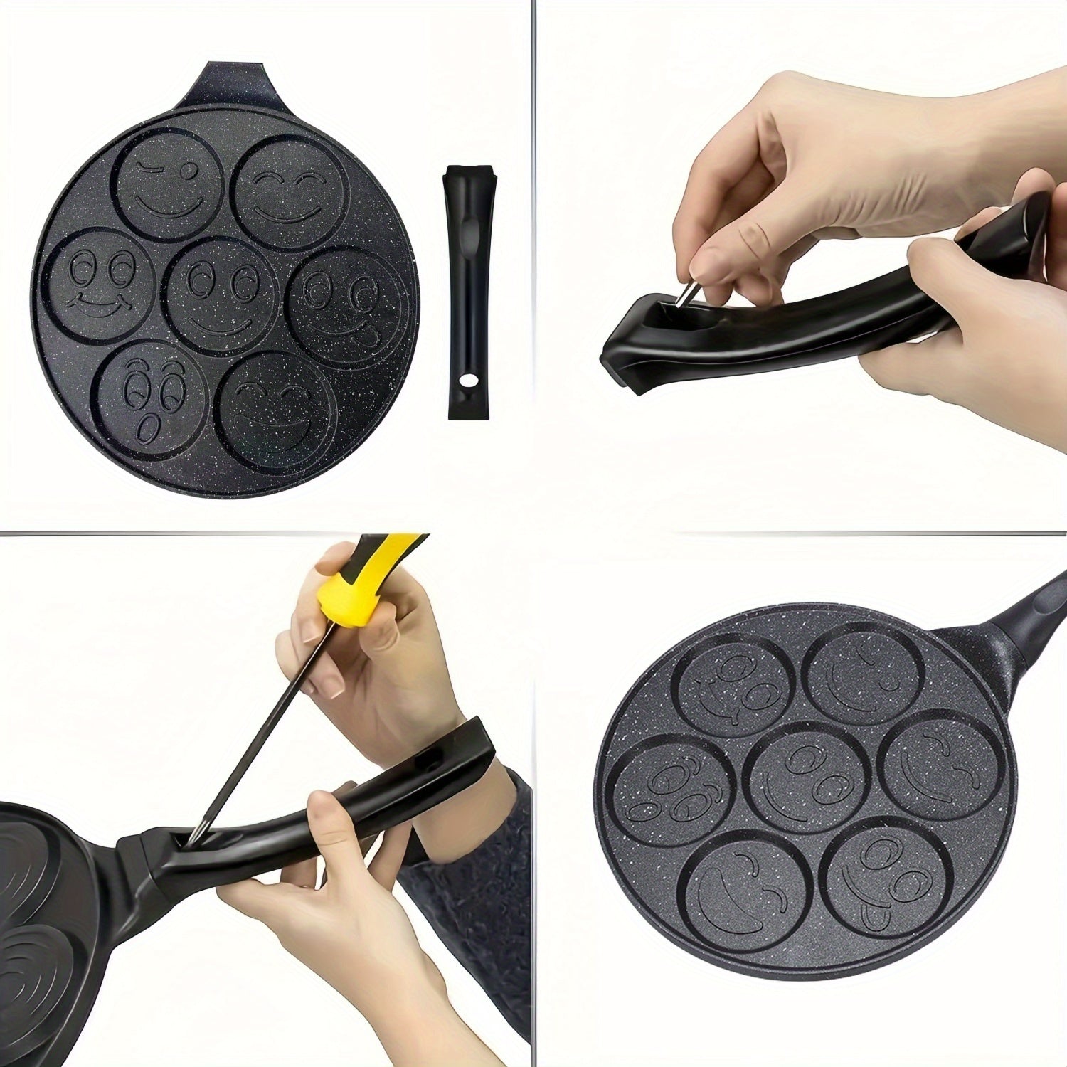 Joyful Face Mini Pancake Pan bilan mini pancake qilish juda oson! 7 ta qiziqarli dizayni bilan, bu yopishmaydigan alyuminiy skilet mukammal nonushta yoki brunch tayyorlash uchun ideal. Mashinada tozalash mumkin va partiyalar va tug'ilgan kunlar uchun mos.