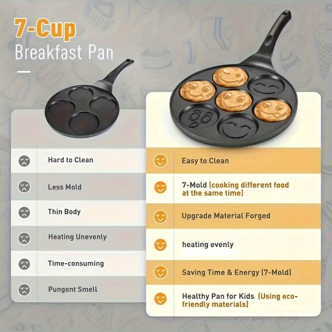 Joyful Face Mini Pancake Pan bilan mini pancake qilish juda oson! 7 ta qiziqarli dizayni bilan, bu yopishmaydigan alyuminiy skilet mukammal nonushta yoki brunch tayyorlash uchun ideal. Mashinada tozalash mumkin va partiyalar va tug'ilgan kunlar uchun mos.