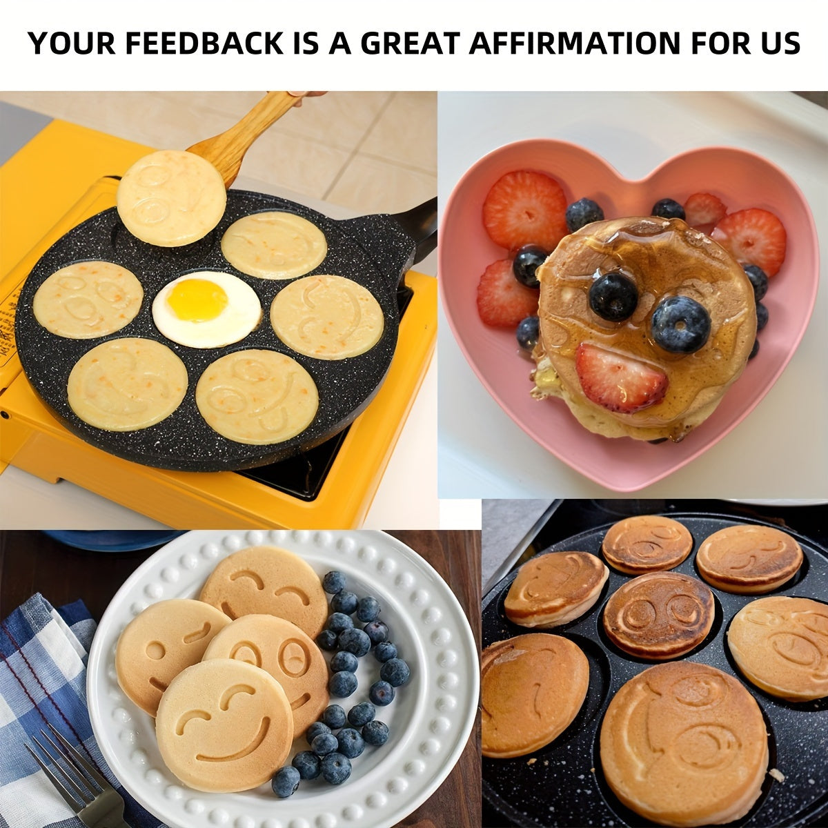 Joyful Face Mini Pancake Pan bilan mini pancake qilish juda oson! 7 ta qiziqarli dizayni bilan, bu yopishmaydigan alyuminiy skilet mukammal nonushta yoki brunch tayyorlash uchun ideal. Mashinada tozalash mumkin va partiyalar va tug'ilgan kunlar uchun mos.