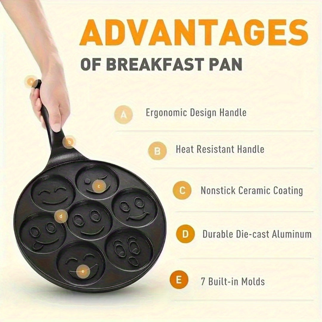 Joyful Face Mini Pancake Pan bilan mini pancake qilish juda oson! 7 ta qiziqarli dizayni bilan, bu yopishmaydigan alyuminiy skilet mukammal nonushta yoki brunch tayyorlash uchun ideal. Mashinada tozalash mumkin va partiyalar va tug'ilgan kunlar uchun mos.