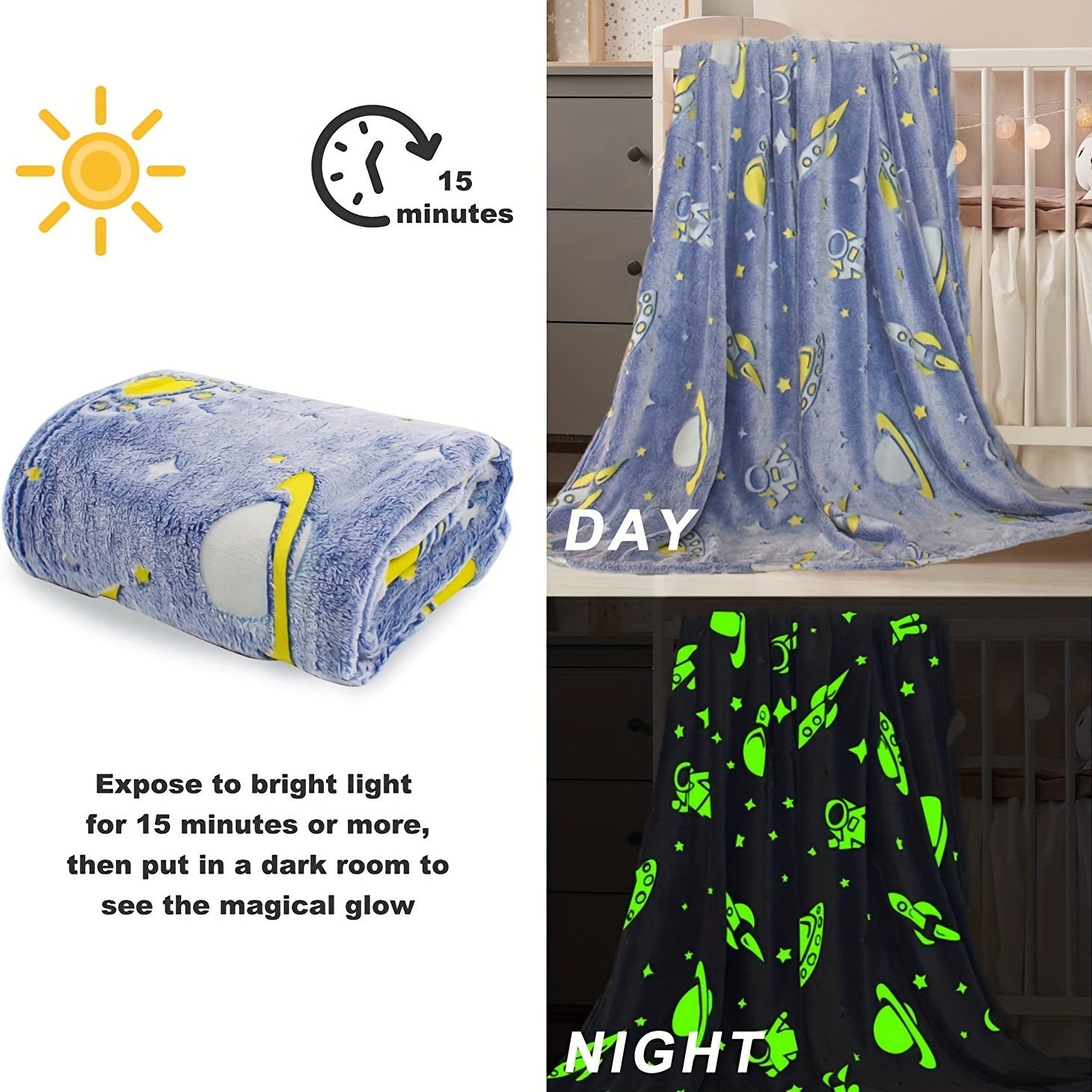 Glow in the Dark Astronaut Blanket Flannel Cozy Bed Sofa Car Office Gift for Boys Girls