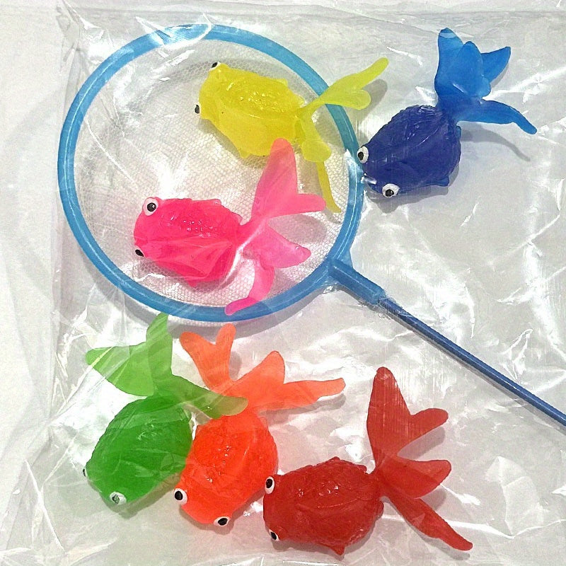 Six Lifelike Floating Goldfish Aquarium Decorations with Fishing Net Plastic Fish Tank Ornaments