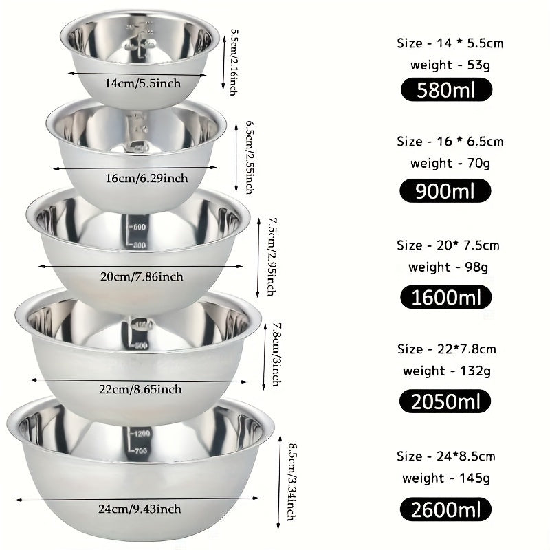 5-Piece Stainless Steel Mixing Bowls with Scale for Cooking Baking Prepping