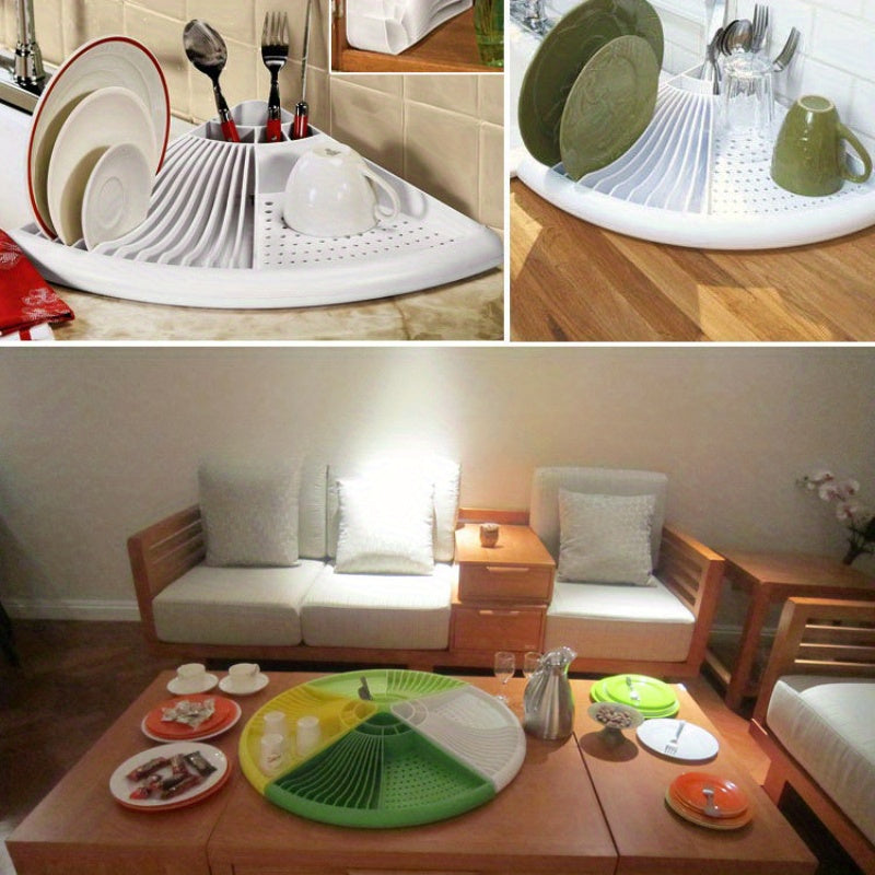 Escurridor de platos de plástico para fregadero de esquina, organizador de cocina compacto, escurridor de utensilios para encimera