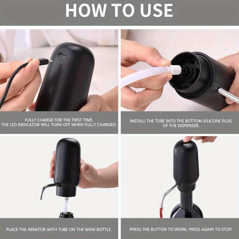 Перезаряжаемый набор штопора для вина 4 в 1 с аэратором, наливной насадкой, ножом для фольги и пробкой. Отличный подарок для любителей вина. Работает от USB, черного цвета.