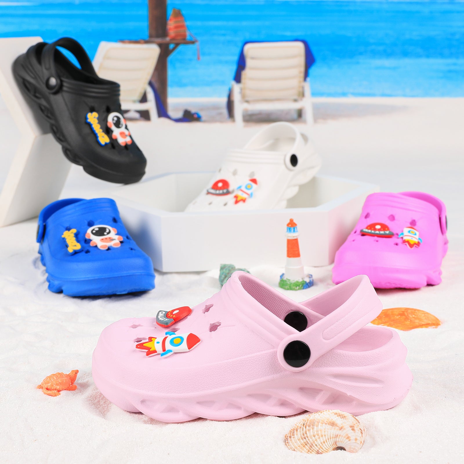 Kids Slip-On Sandals with Cartoon Charms Breathable Non-Slip Indoor Outdoor Shoes
