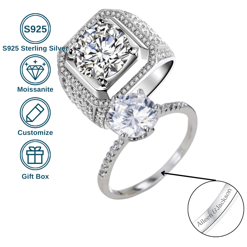 O'zingizning shaxsiy nomingiz va sevgi yozuvlaringiz bilan Moissanite to'y halqangizni sozlang. Ushbu 3/5CT halqa S925 Sterling Silver dan tayyorlangan bo'lib, juftliklar uchun ideal hisoblanadi. Kvadrat yoki Klassik Dumaloq Kesim dizaynidan tanlang.