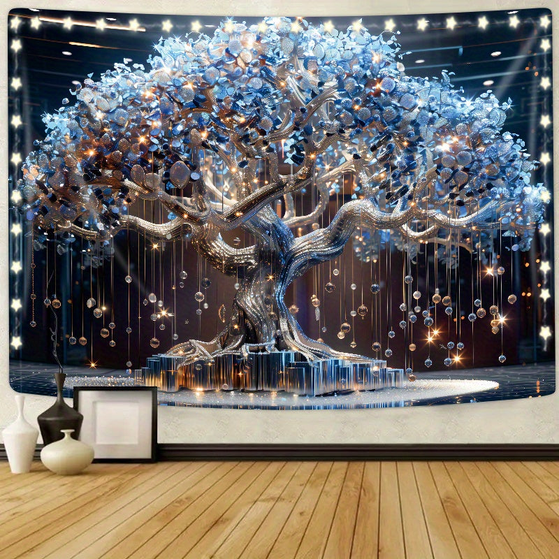 Light-Up Tree Tapestry with Crystal Tassels Battery-Operated LED Wall Decor for Living Room