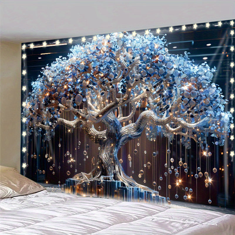 Light-Up Tree Tapestry with Crystal Tassels Battery-Operated LED Wall Decor for Living Room