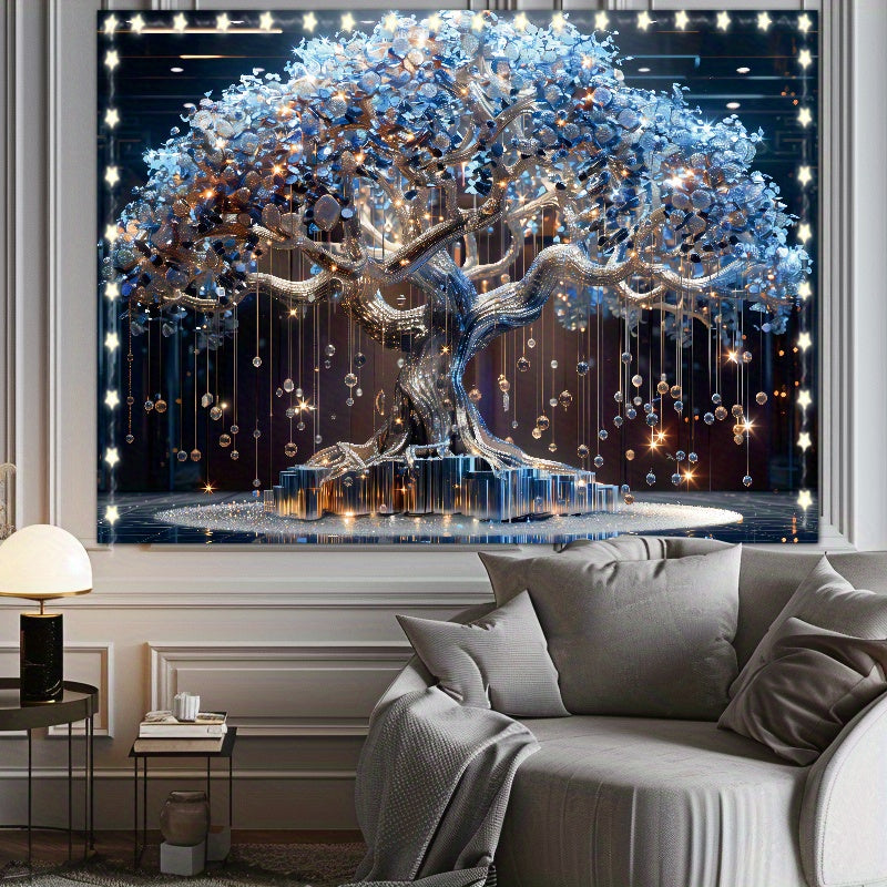 Light-Up Tree Tapestry with Crystal Tassels Battery-Operated LED Wall Decor for Living Room